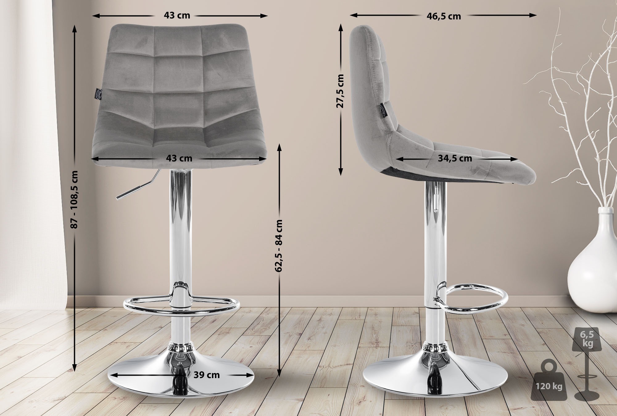 2er Set Barhocker Jerry Samt chrom, grau