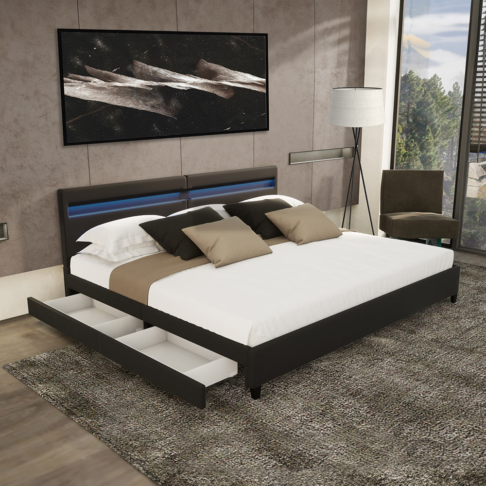 LED Bett mit Schubladen NUBE - 200 x 200 cm ohne Matratze Schwarz