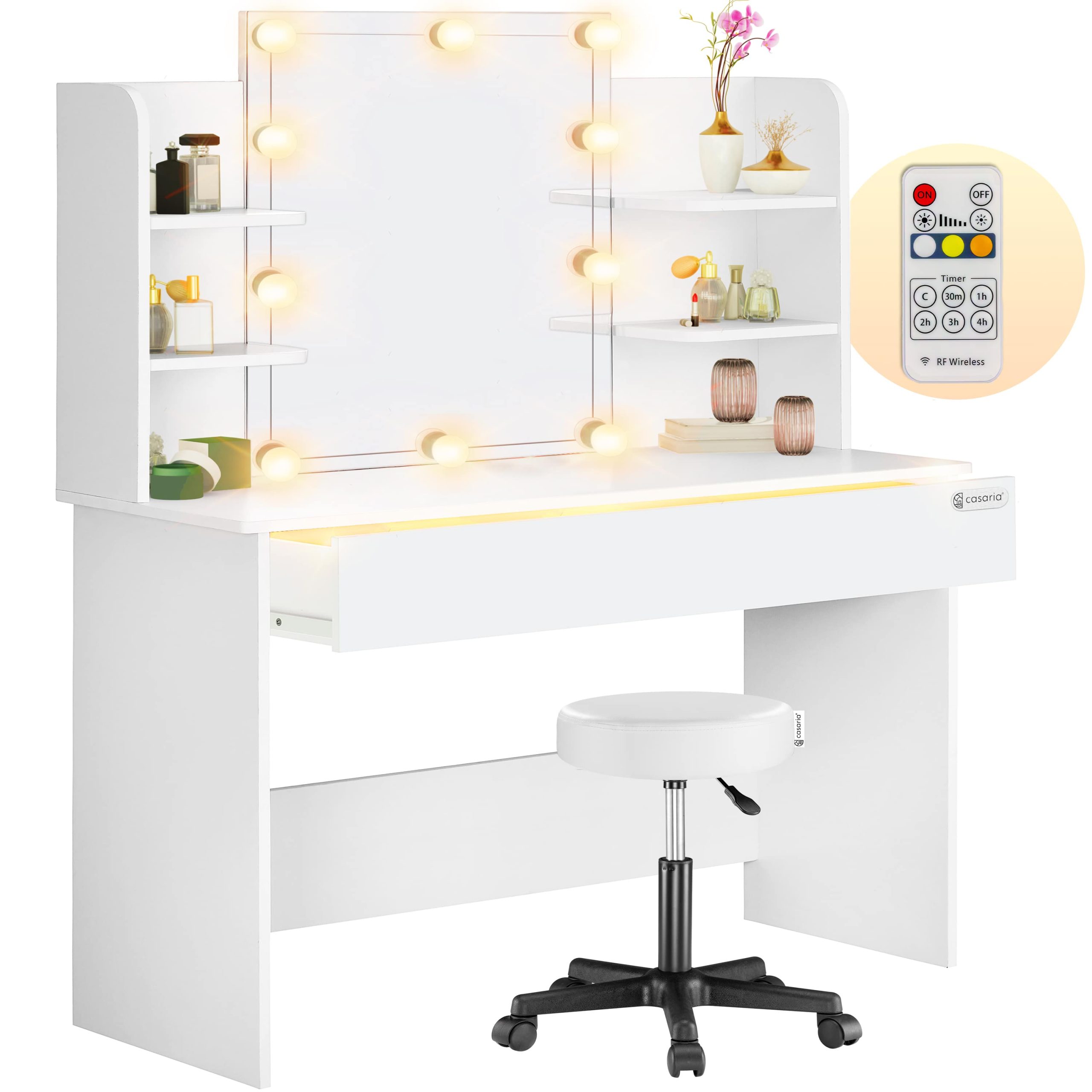 Schminktisch Lucia Weiß 140x110x40cm mit LED + Rollhocker