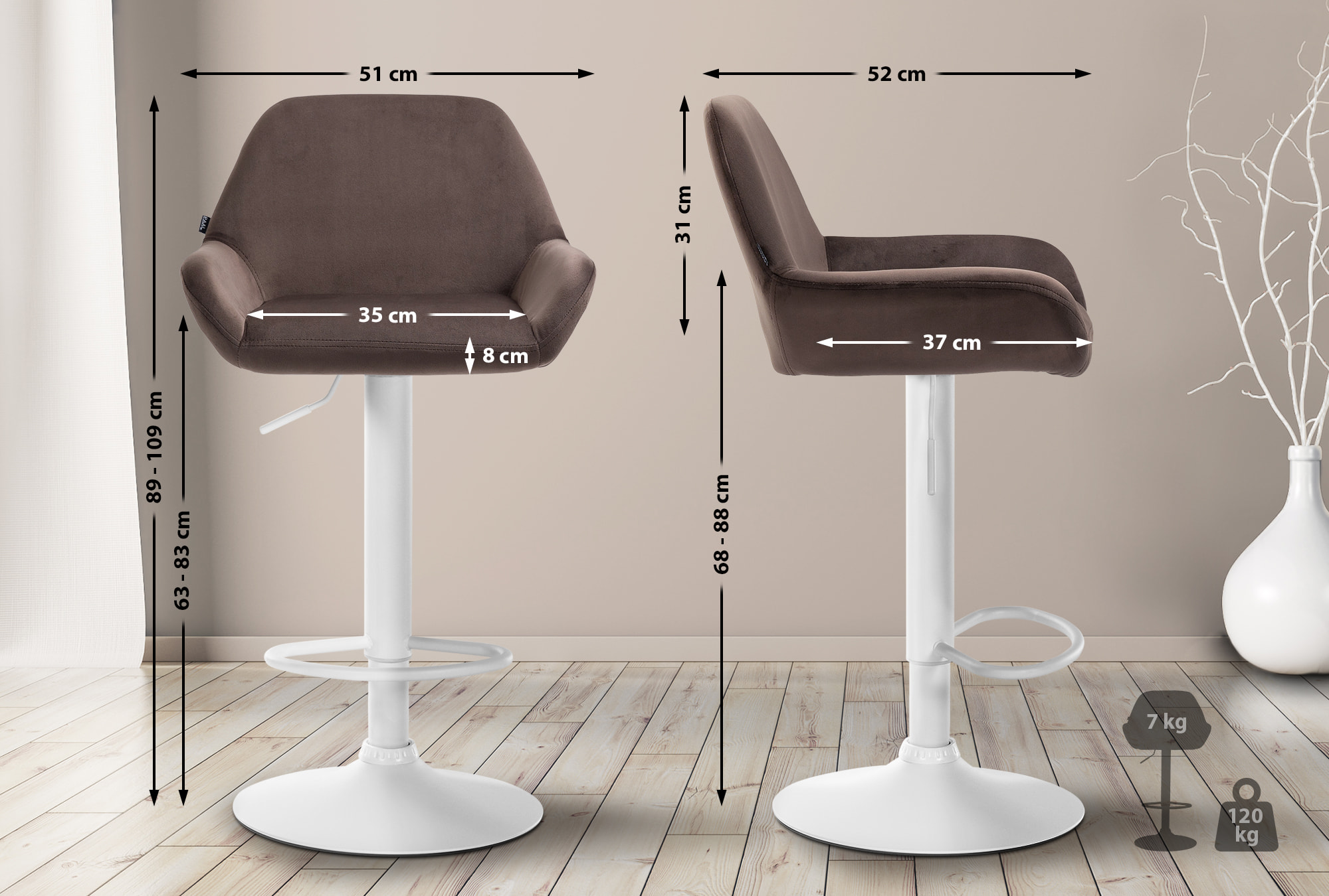 2er Set Barhocker Braga Samt weiß, braun