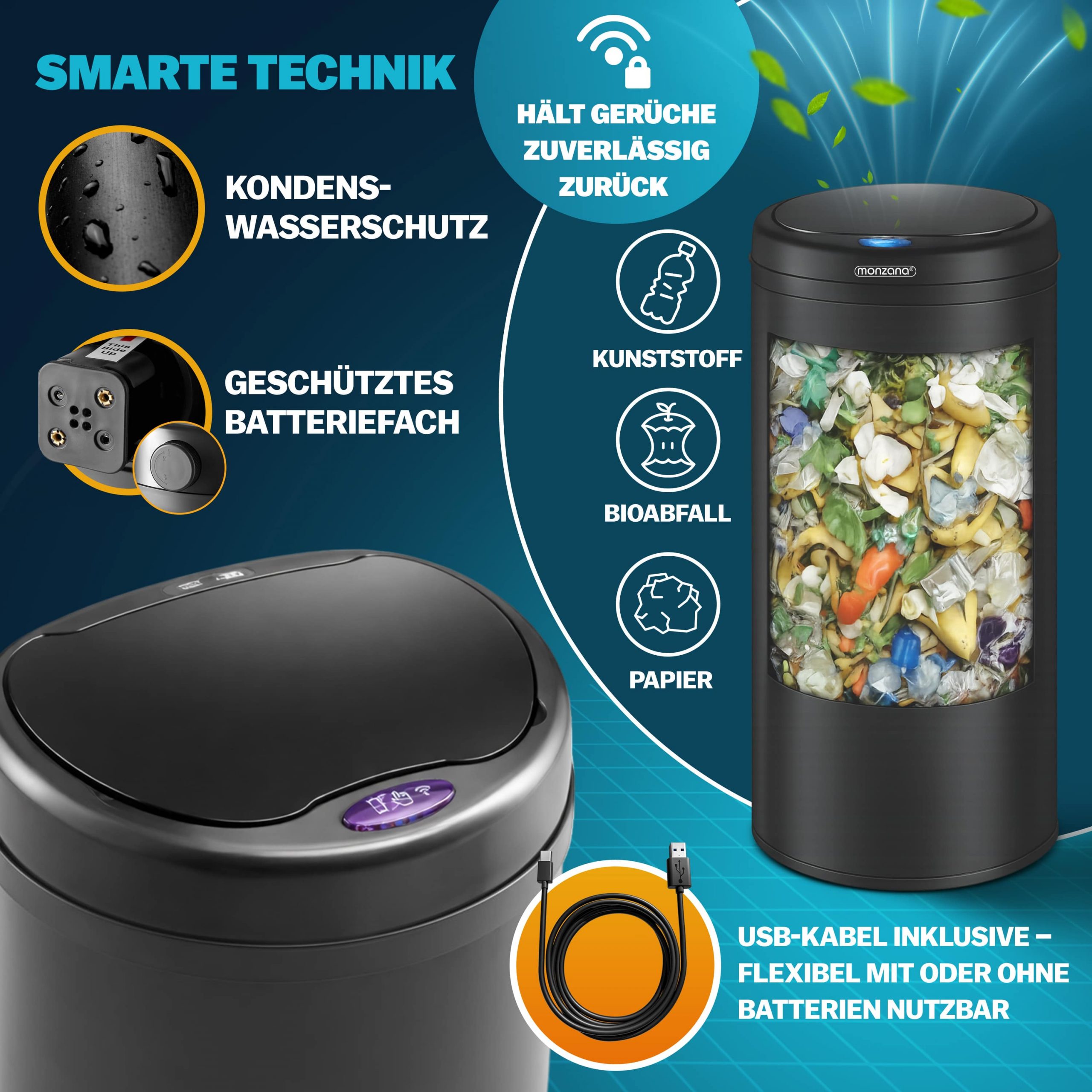 Sensor Mülleimer Schwarz Edelstahl 50L