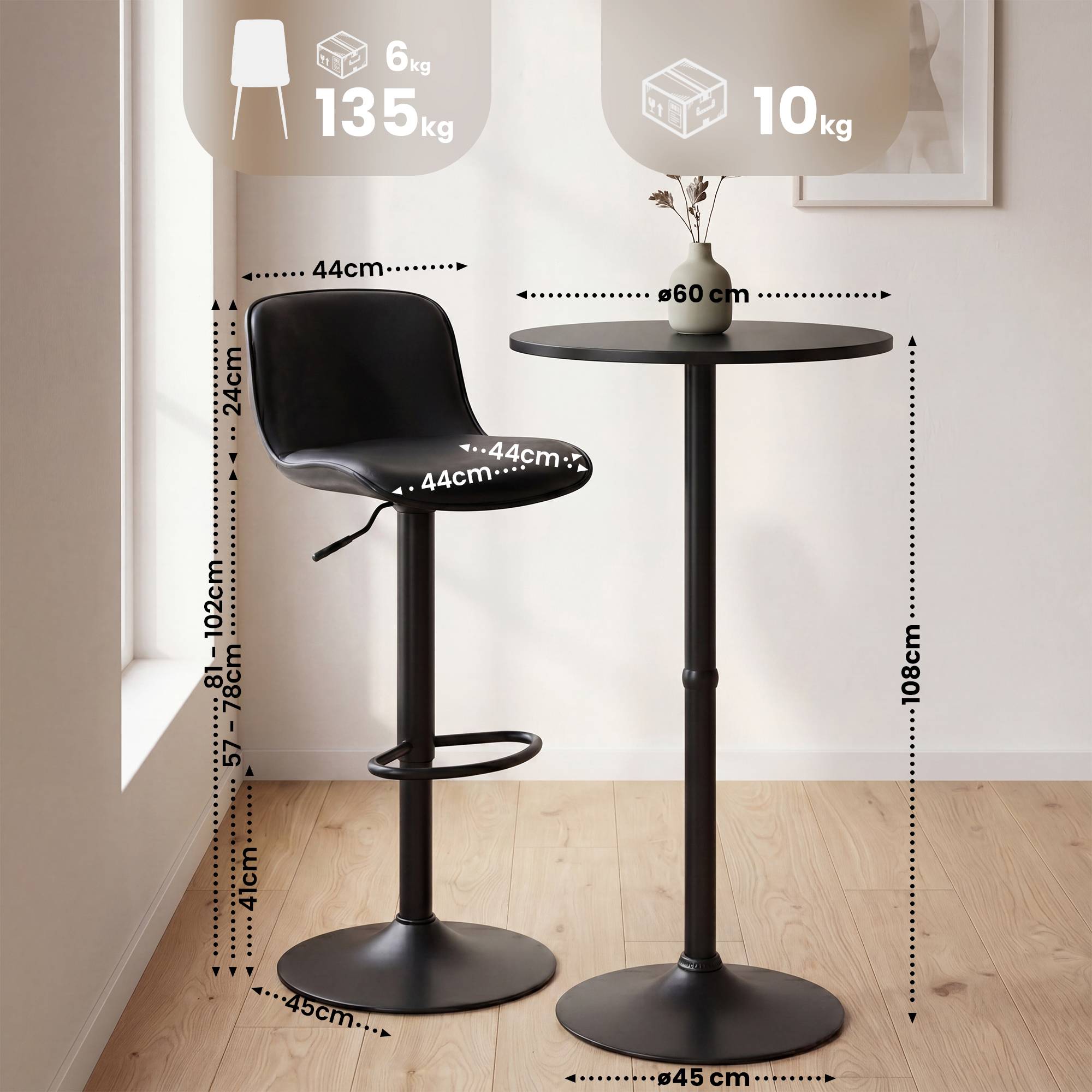 2er Bartisch Set Velor Kunstleder, schwarz