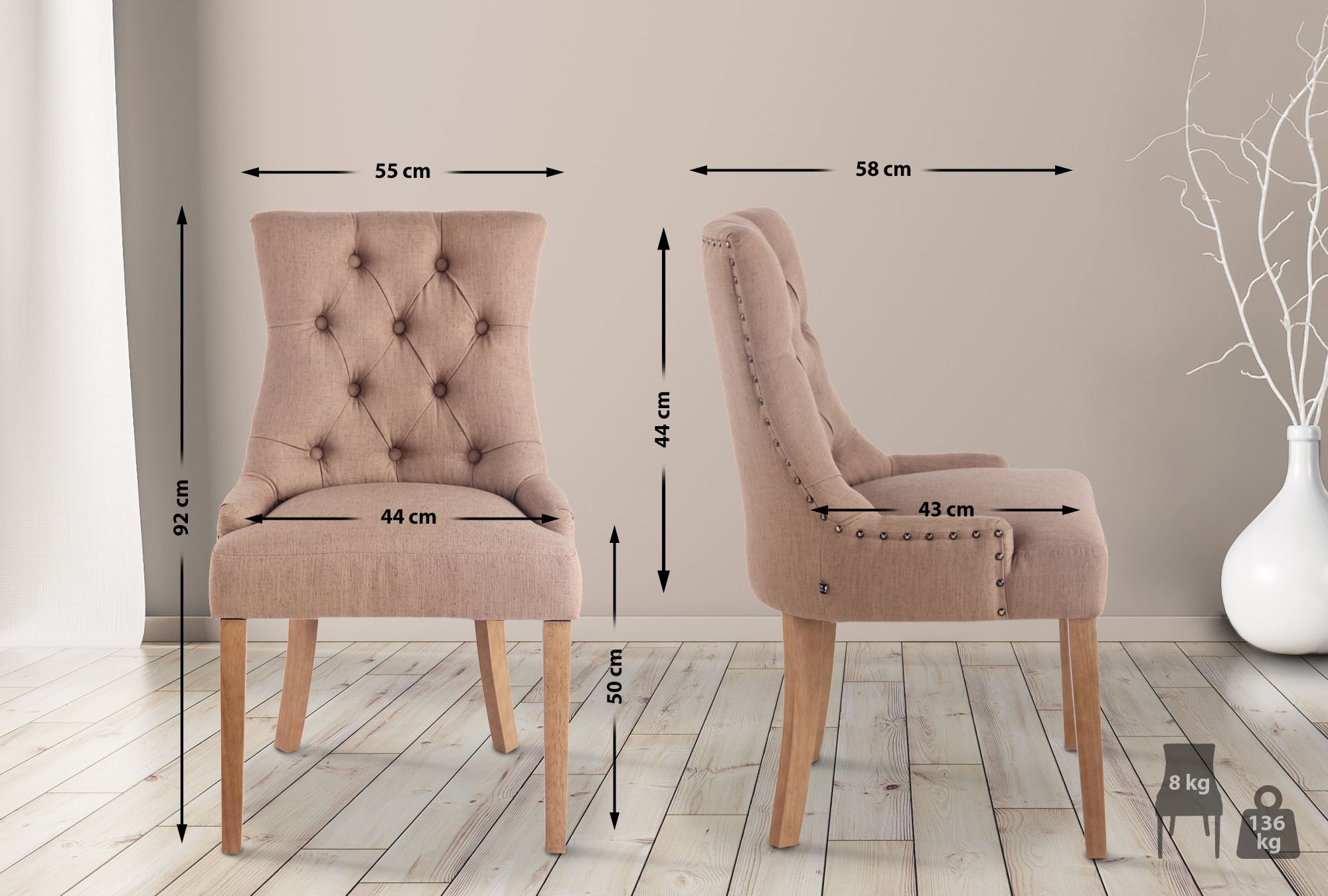 2er Set Esszimmerstuhl Aberdeen Stoff antik-hell, taupe