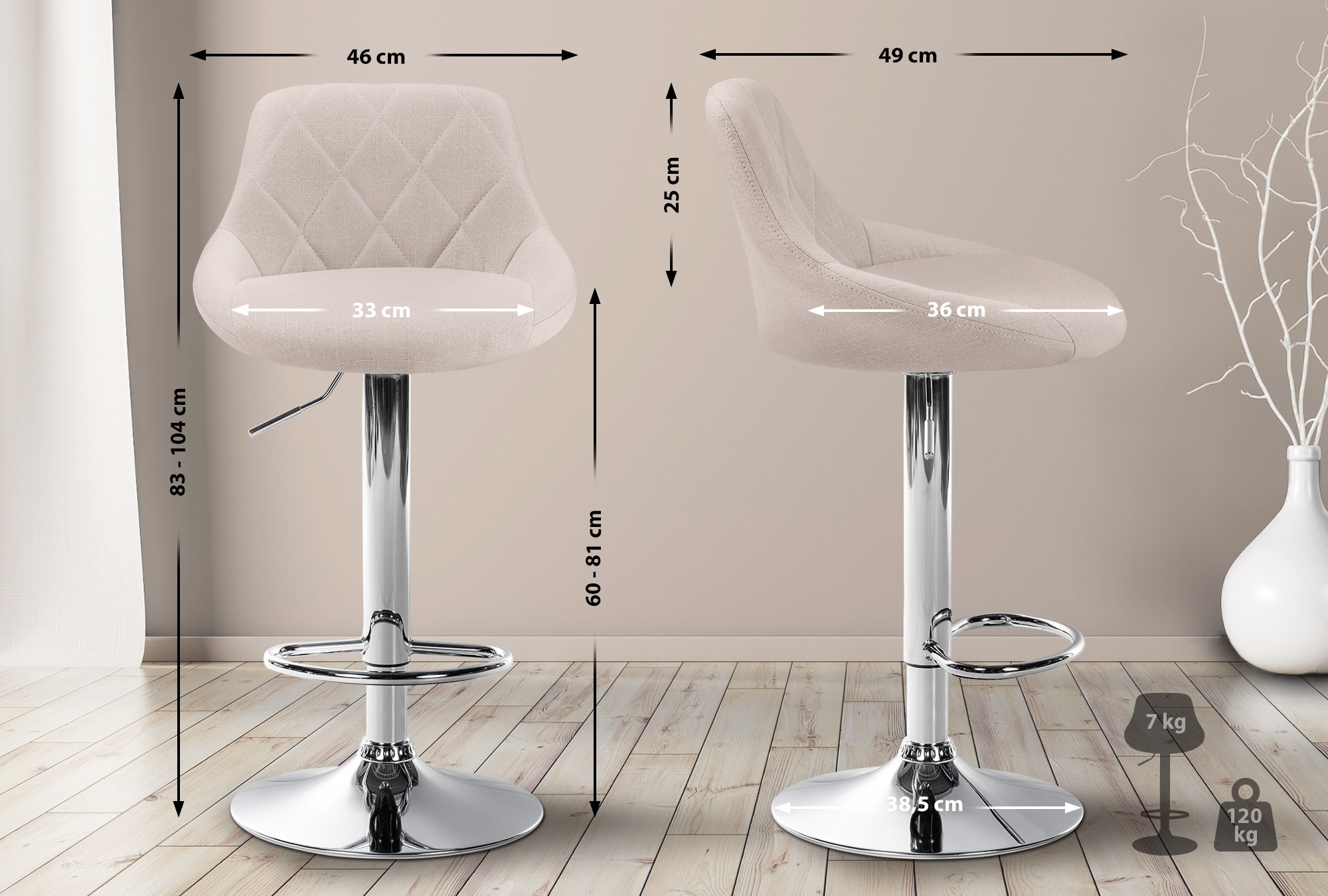 Barhocker Lazio Stoff chrom, creme