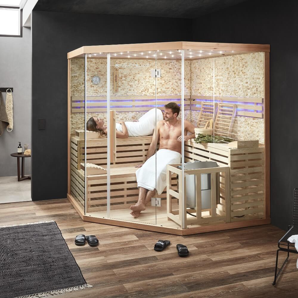 Traditionelle Sauna mit Kunststeinwand SKYLINE BIG XL - 200 x 200 cm für 6 Personen