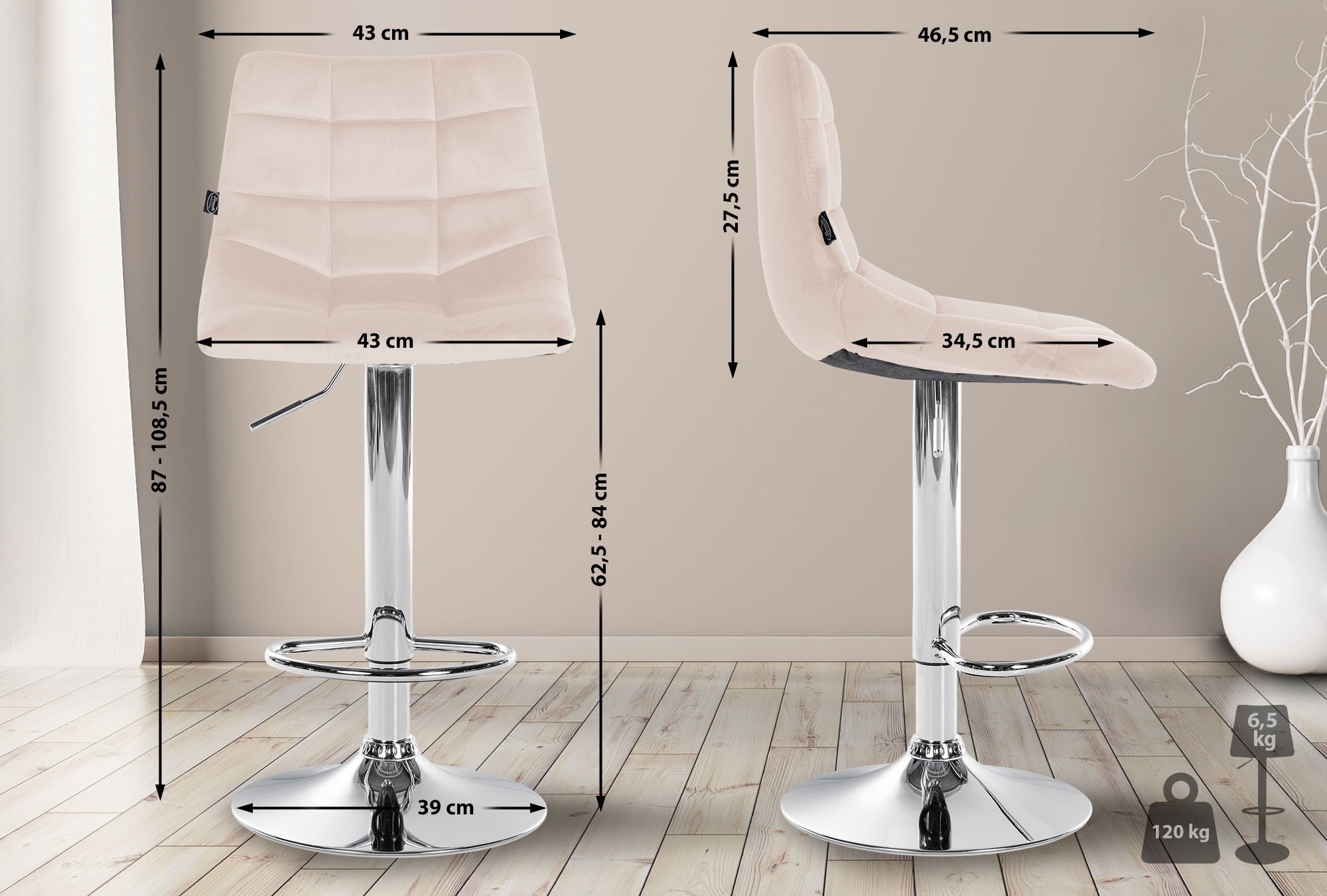 2er Set Barhocker Jerry Samt chrom, beige