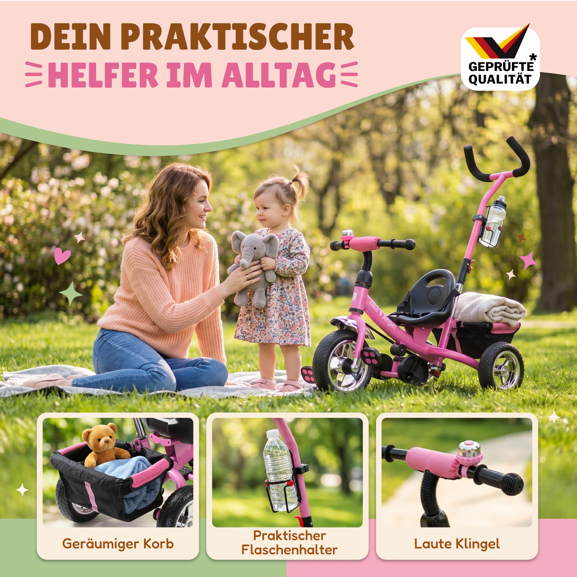 Kinderdreirad Free Angel Pink Metall Schiebestange