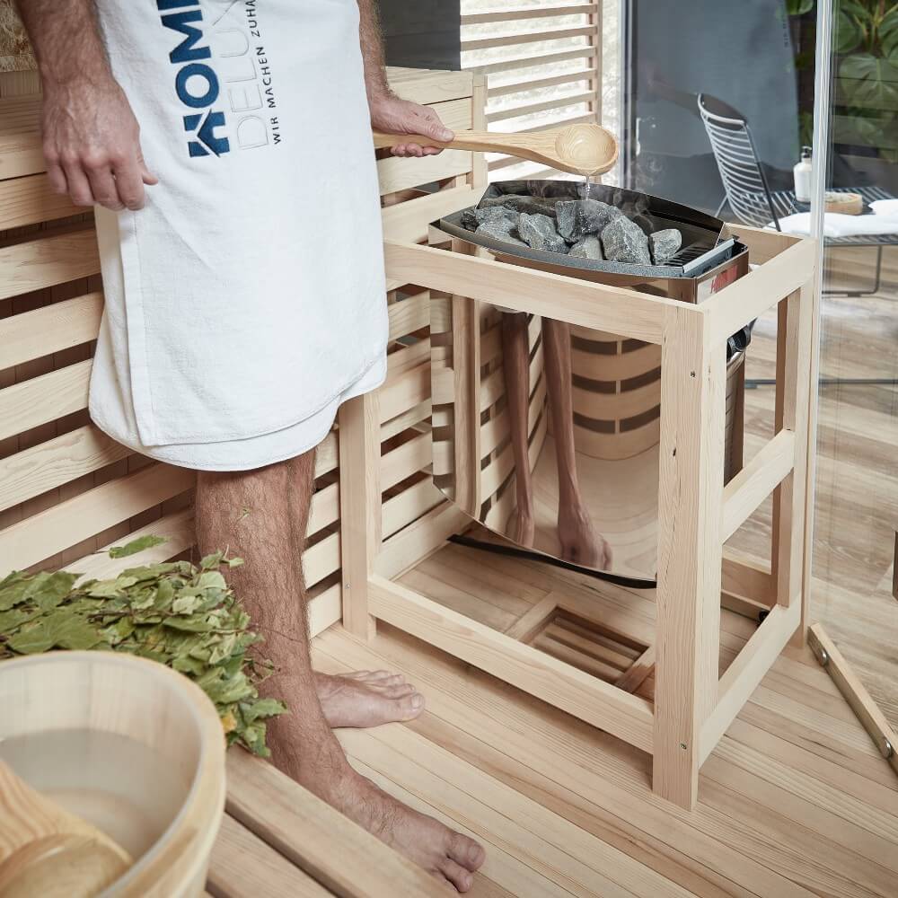 Traditionelle Sauna mit Kunststeinwand SKYLINE BIG XL - 200 x 200 cm für 6 Personen