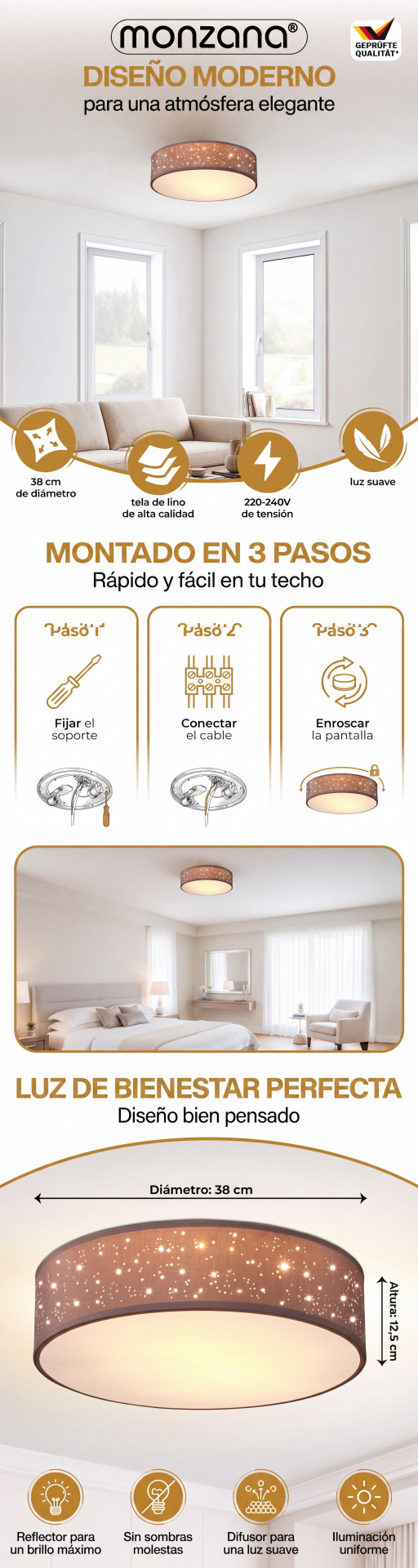 Deckenlampe Taupe Stoff Ø38cm Sternenhimmel