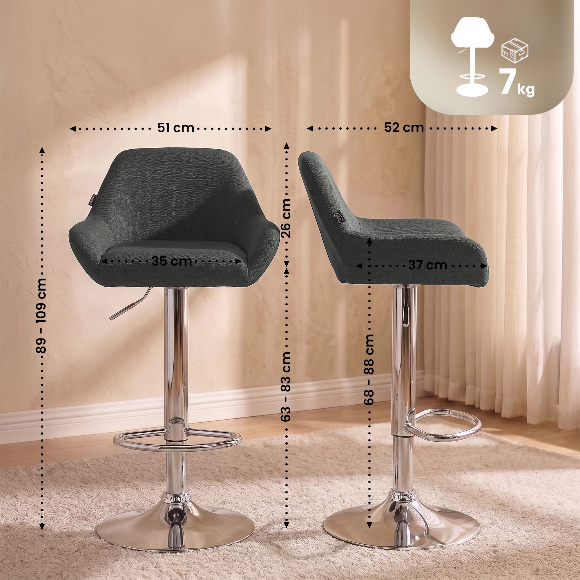 2er Set Barhocker Braga Stoff chrom, dunkelgrau