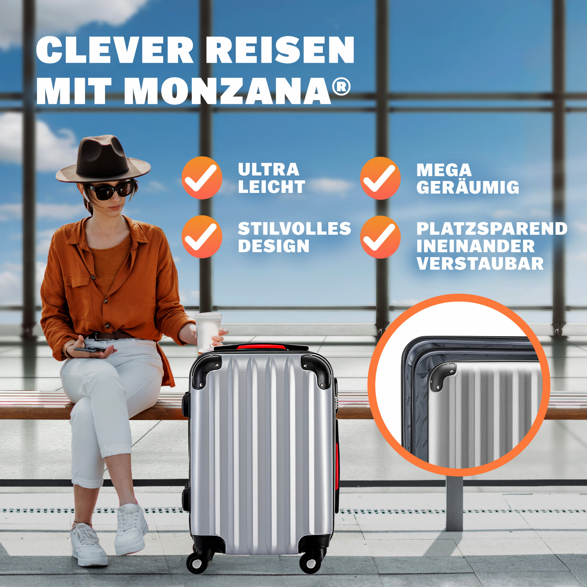 Hartschalenkoffer L Rollen 360º Reisekoffer 62L Silber ABS